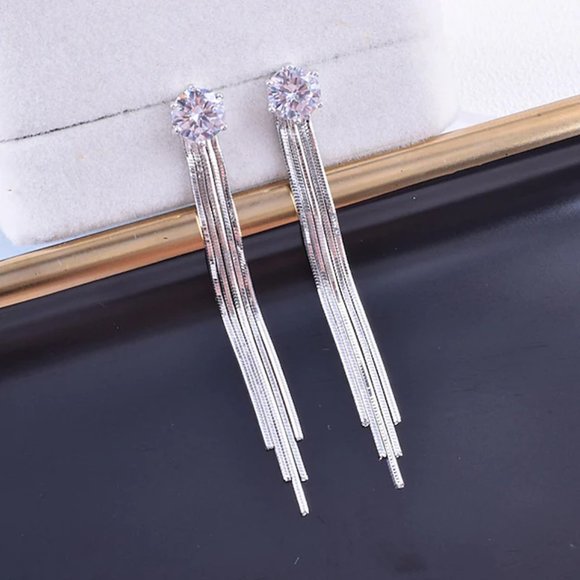 14k Gold 2ct. c.t. Lab Diamonds Long Chain Earrings Sterling Silver - Picture 7 of 11